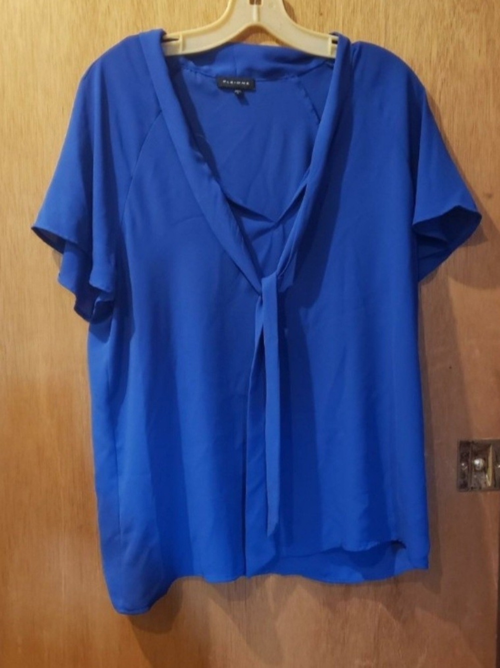 Women's Sz Lg Pleione Royal Blue V-Neck Tie-Front Flutter Sleeve Blouse